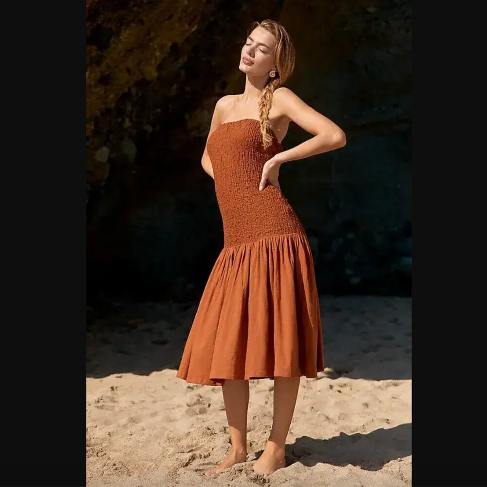 Anthropolgie Celandine Strapless Popcorn Midi Dress - Rusted Brown XS NWT